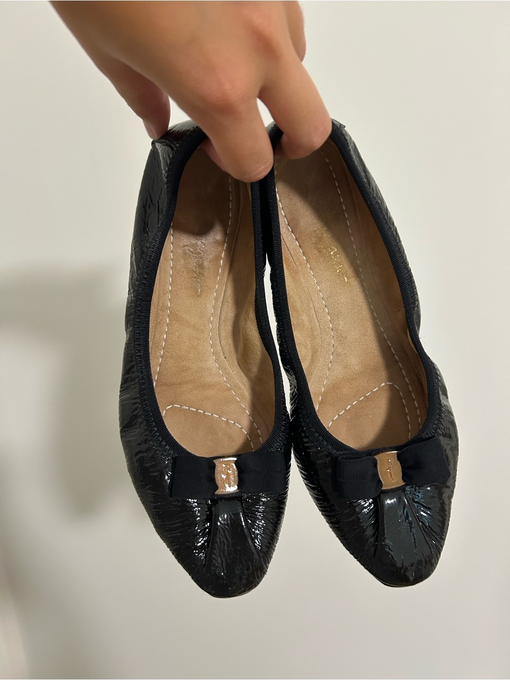 Salvatore Ferragamo Black Patent Bow Ballet Flats